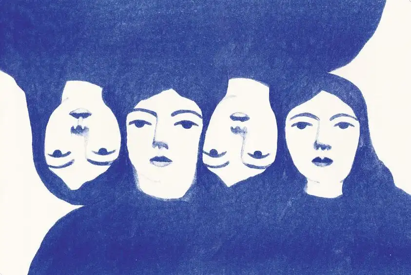 watercolor of 4 girls with their heads together using only blue and white colors