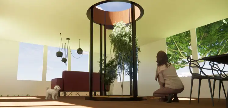 Cylindrical tree habitat inside of a house with a woman and dog looking at it