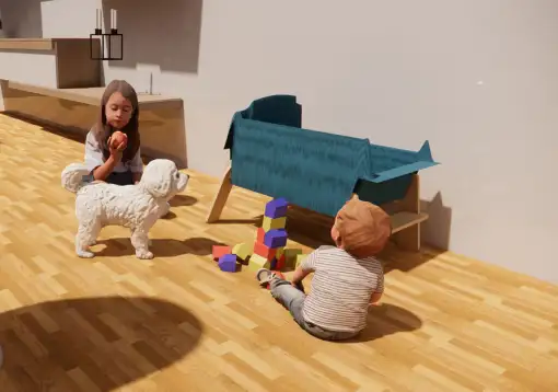 3D model of 2 kids and a dog sitting down on the floor next to a dogbed