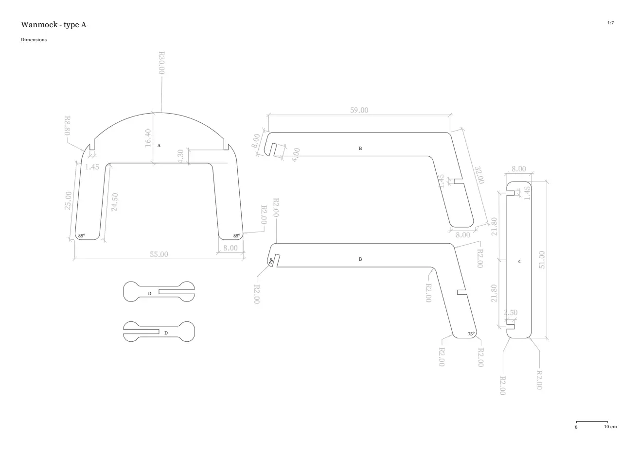 Sideview blueprint of puzzle pieces measurements